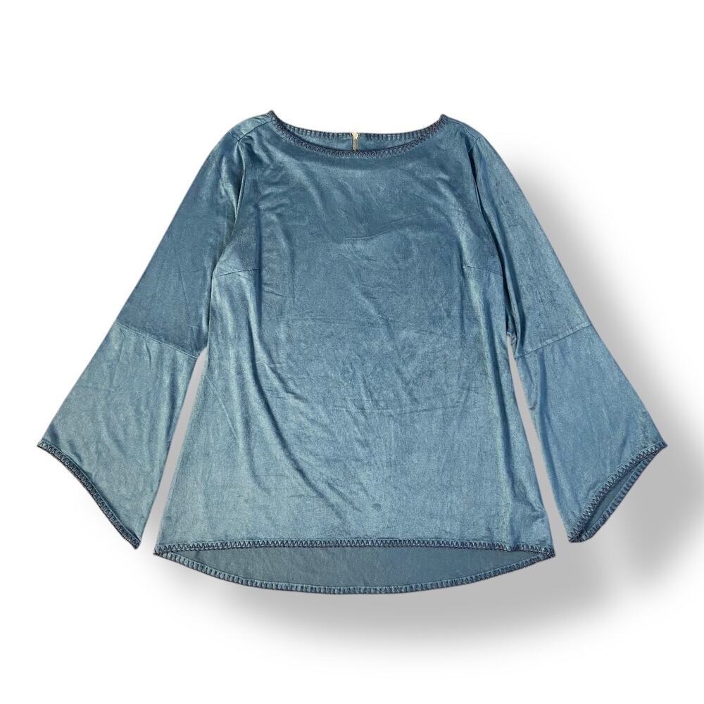 Soft Surroundings Blue Beatrix Faux Suede Flare Sleeve Top Size S‎ Boho Cottage